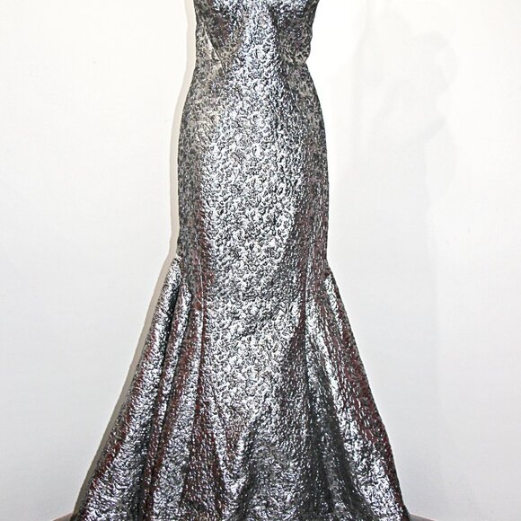MAC DUGGAL STRAPLESS METALLIC BROCADE MERMAID GOWN in MERCURY sz 16 $598 66025D - Picture 10 of 16